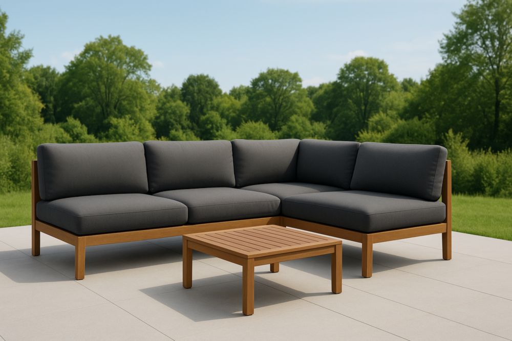Divano angolare da esterno in legno massello con cuscini in poliestere grigio scuro-Levorinta