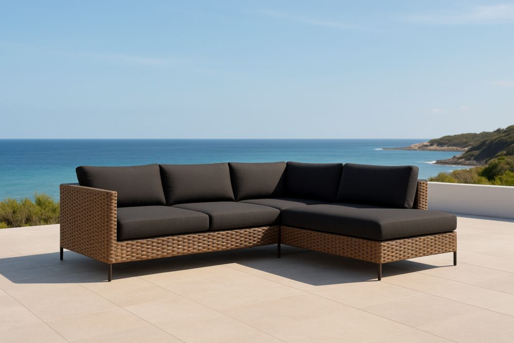 Divano a forma di L da esterno in rattan e tessuto nero, con cuscini-Levorinta