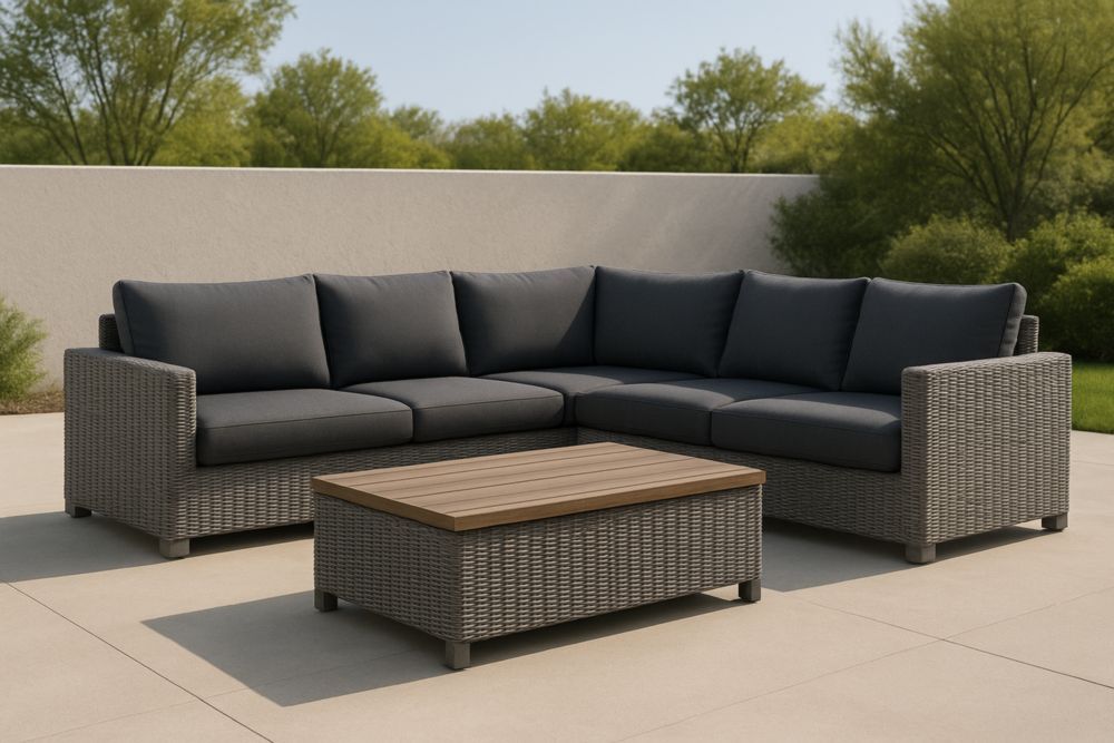 Set Divano Angolare da Esterni in Rattan Grigio con Tavolo da Caffè in Legno massello-Levorinta