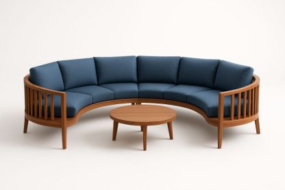 Divano angolare in legno massello e tessuto blu con tavolino rotondo, Cuscini-Levorinta