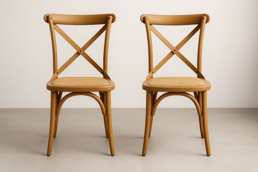 Coppia di sedie in legno massello con seduta in rattan colore naturale-Levorinta