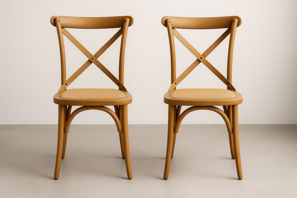 Coppia di sedie in legno massello con seduta in rattan colore naturale-Levorinta