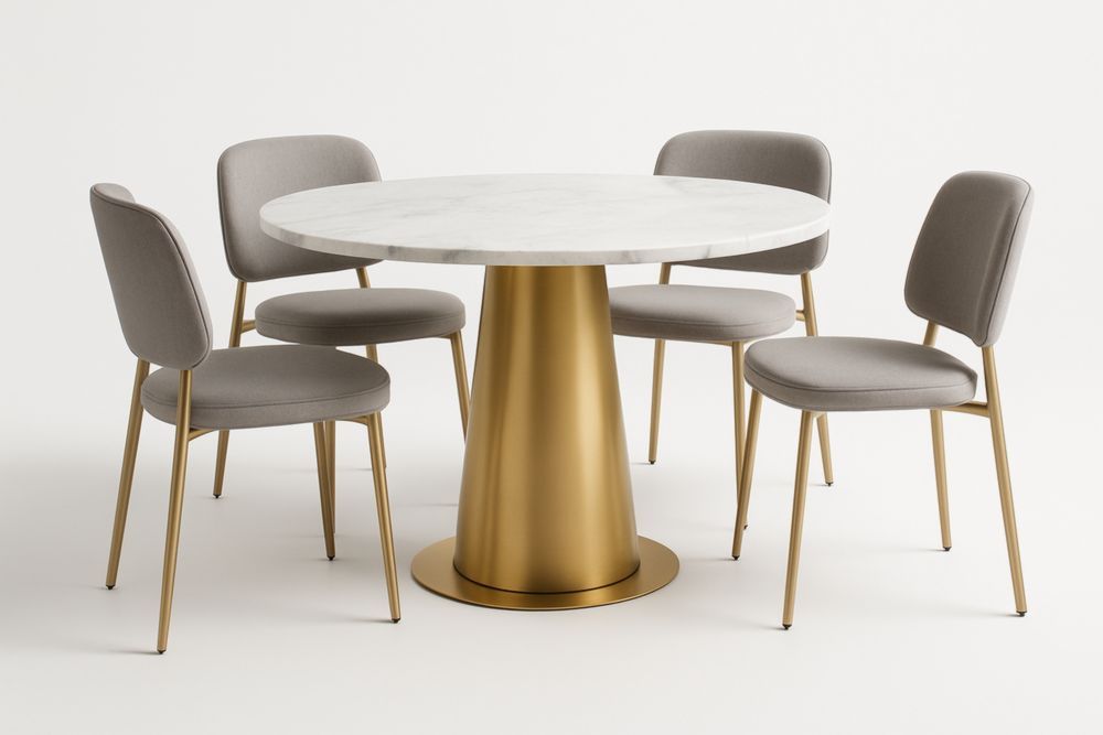 Tavolo rotondo in marmo con base dorata e 4 sedie in tessuto poliestere grigio, con cuscini-Levorinta