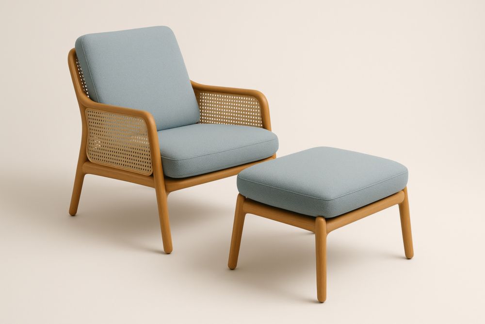 Poltrona con Poggiapiedi in Legno Masselloe Rattan Blu, con cuscini-Levorinta