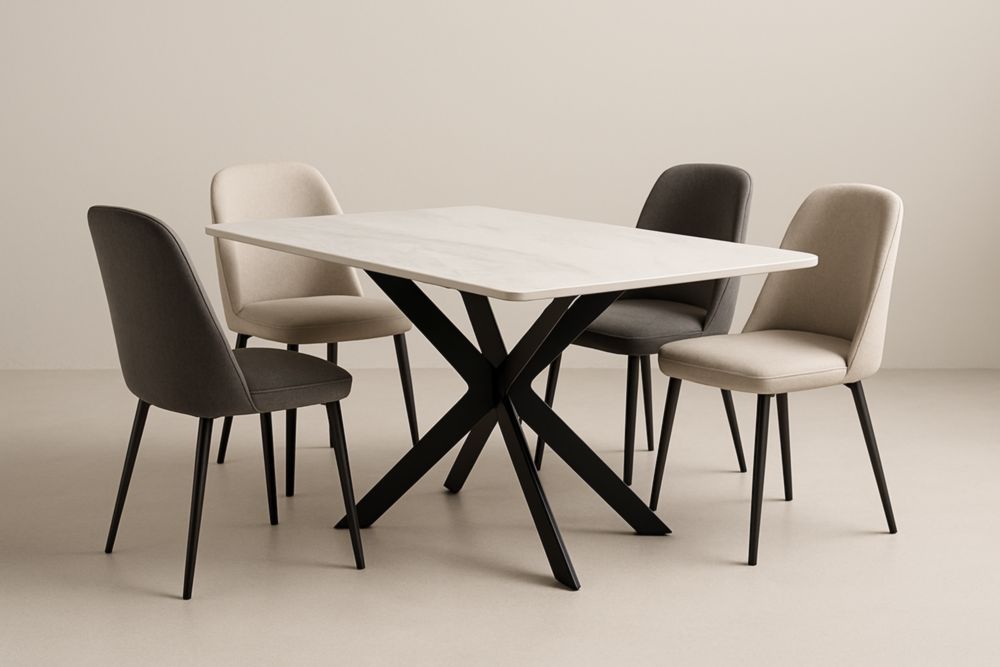 Tavolo da Pranzo in MDF Effetto Marmo e Sedie in Tessuto Grigio e Beige-Levorinta