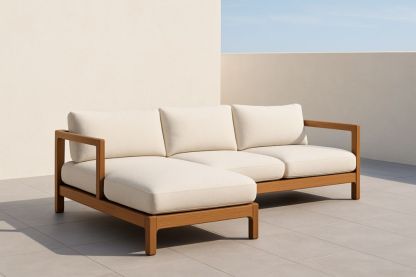 Divano a forma di L da esterno in legno massello con cuscini in tessuto bianco-Levorinta