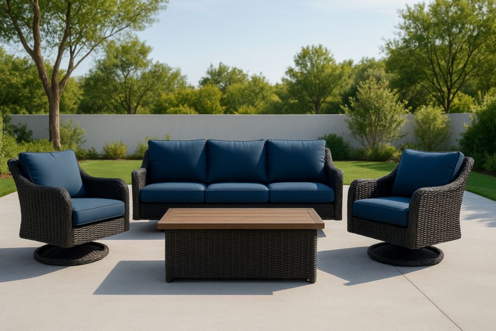 Set da giardino in rattan sintetico con cuscini blu-Levorinta