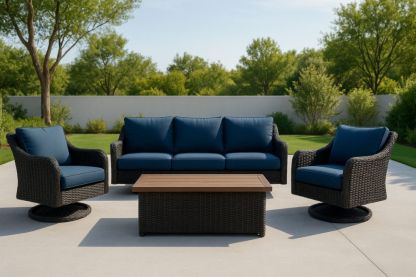 Set da giardino in rattan sintetico con cuscini blu-Levorinta