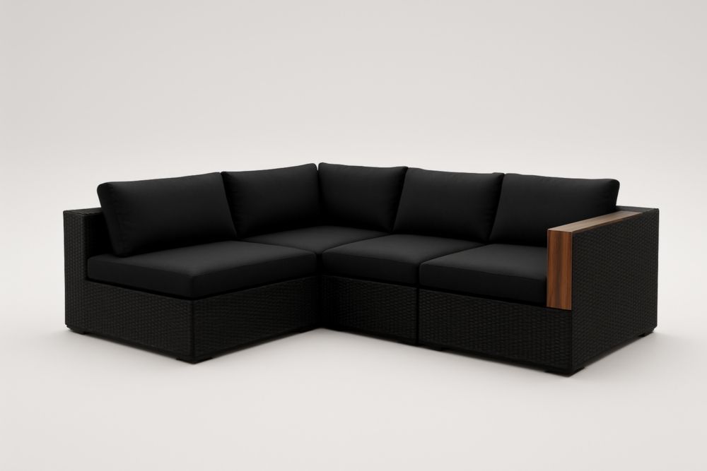 Divano a forma di L modulare da esterno in rattan nero con bracciolo in legno massello-Levorinta