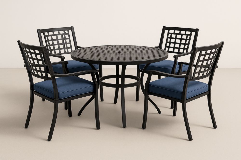 Set tavolo rotondo e 4 sedie in alluminio con cuscini blu-Levorinta