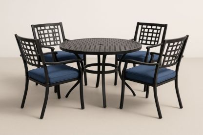 Set tavolo rotondo e 4 sedie in alluminio con cuscini blu-Levorinta