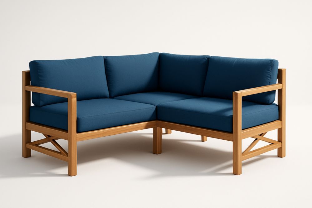 Divano ad Angolo in Legno Massello con Cuscini Blu-Levorinta