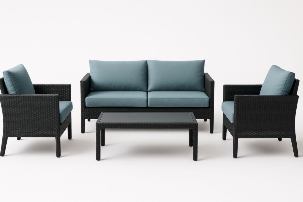 Set mobili da giardino in rattan sintetico, cuscini in poliestere blu, nero e blu-Levorinta