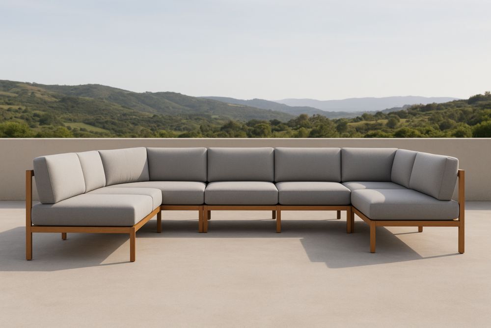 Divano a forma di L da esterno in legno massello e tessuto grigio chiaro-Levorinta