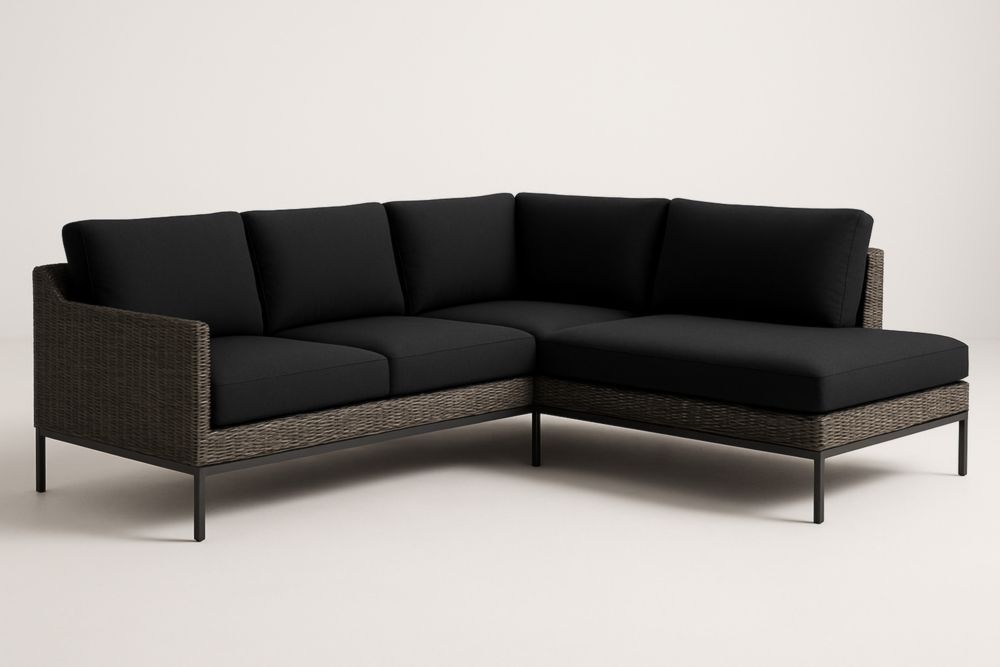 Divano angolare in rattan e tessuto nero, con cuscini-Levorinta