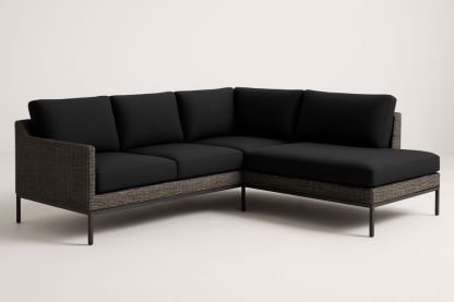 Divano angolare in rattan e tessuto nero, con cuscini-Levorinta
