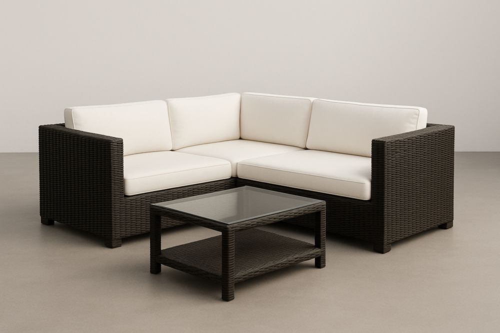 Set salotto da esterno in rattan con cuscini bianchi e tavolino in vetro-Levorinta