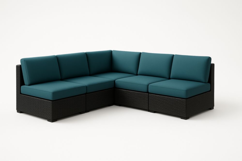 Divano angolare modulare da esterno in rattan e tessuto, colore Teal-Levorinta