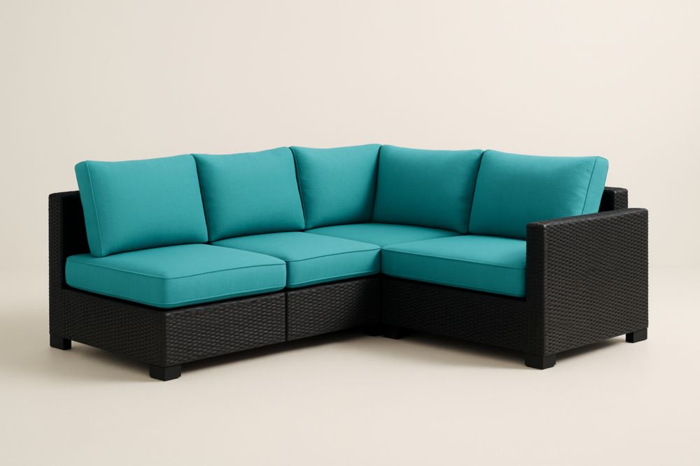 Divano Angolare da Esterno in Rattan Nero con Cuscini in Poliestere Blu Turchese-Levorinta