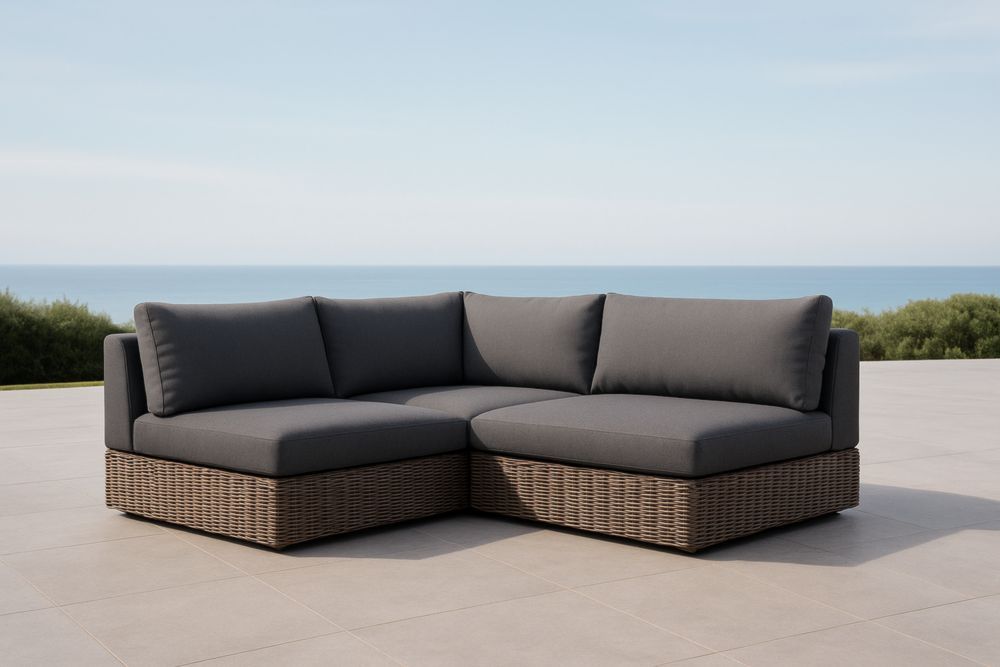 Divano a forma di L in rattan con cuscini in poliestere grigio scuro, con cuscini-Levorinta