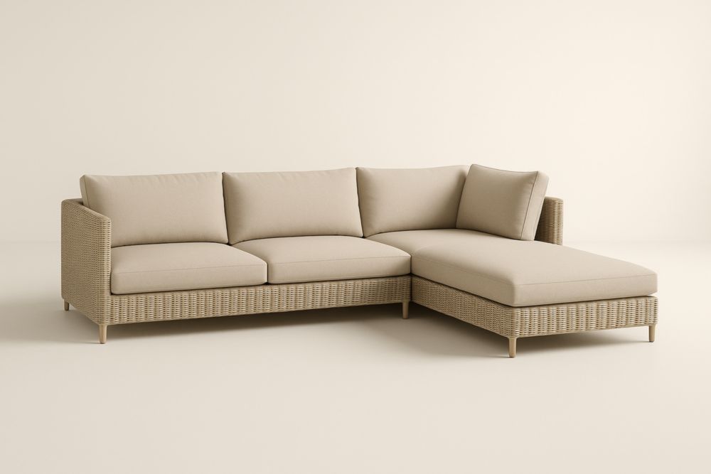 Divano angolare in vimini e tessuto beige con cuscini-Levorinta