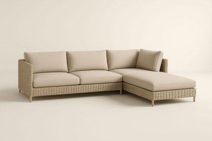 Divano angolare in vimini e tessuto beige con cuscini-Levorinta