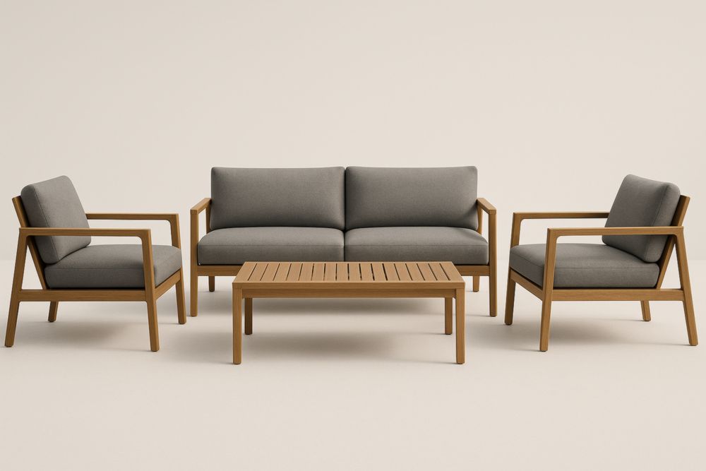 Set divano da esterno in legno massello con 2 poltrone e tavolo rettangolare, con cuscini-Levorinta