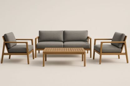 Set divano da esterno in legno massello con 2 poltrone e tavolo rettangolare, con cuscini-Levorinta