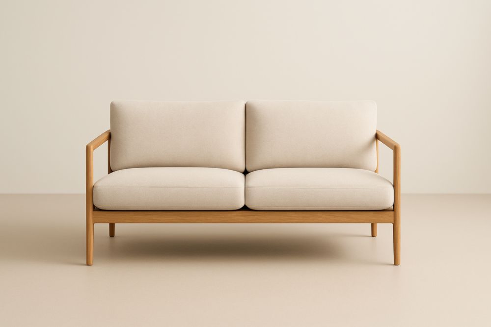 Divano a Due Posti in Legno Massello e Tessuto Beige, con cuscini-Levorinta