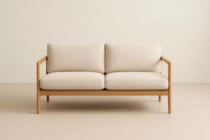 Divano a Due Posti in Legno Massello e Tessuto Beige, con cuscini-Levorinta