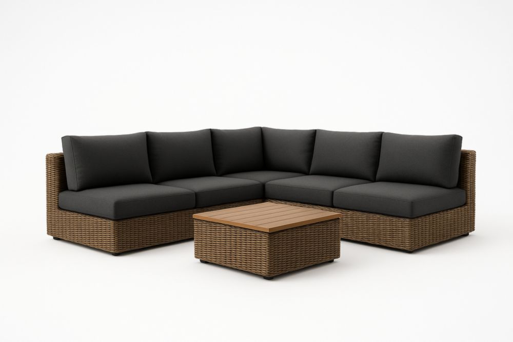 Divano Angolare in Rattan Sintetico con Cuscini Antracite e Tavolino-Levorinta