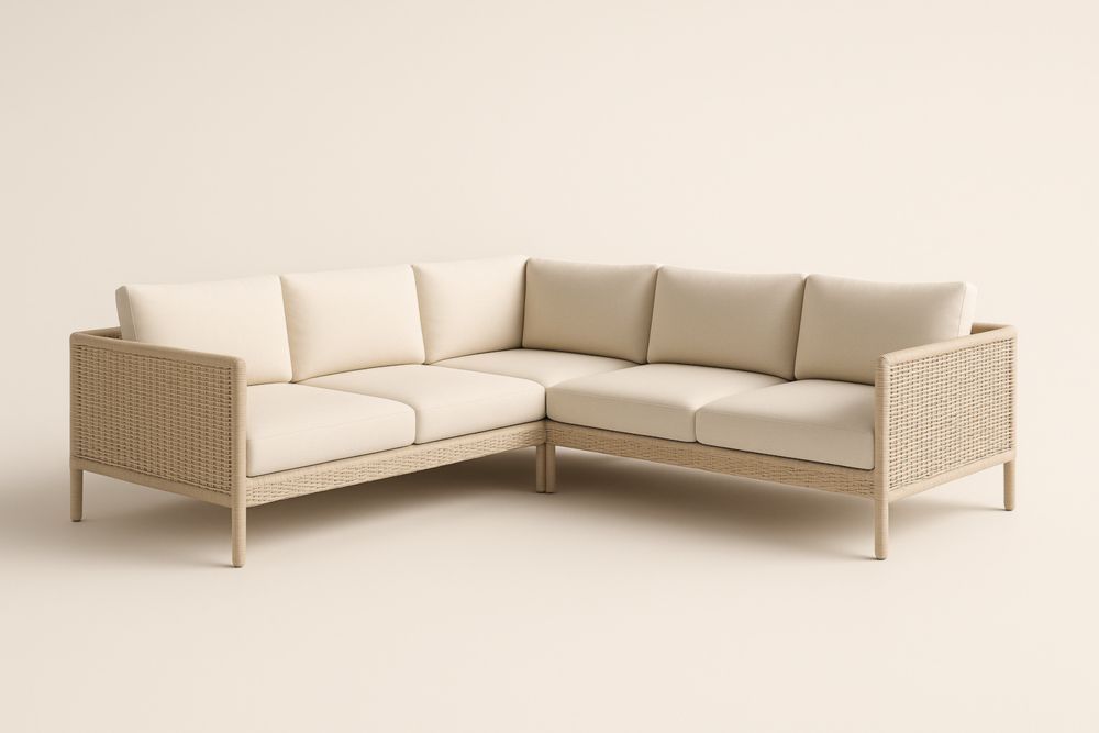 Divano angolare in rattan con cuscini crema-Levorinta