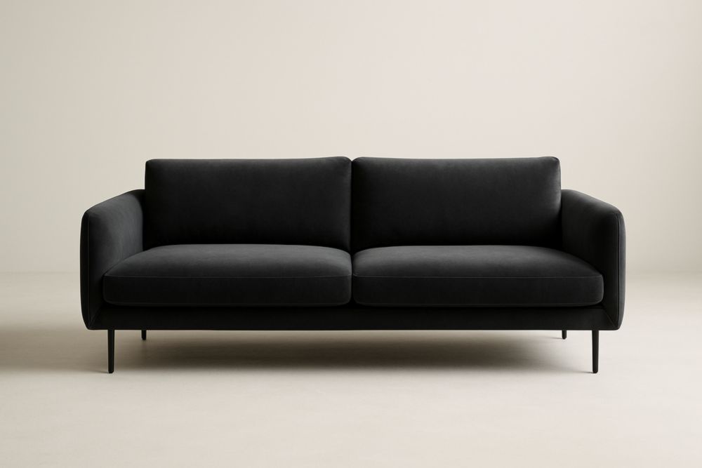 Divano due posti in velluto nero con struttura in acciaio, con cuscini-Levorinta
