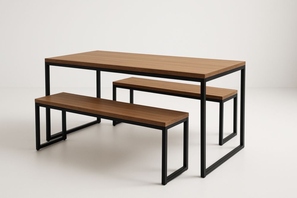 Set Tavolo Rettangolare e Panche in Legno di Quercia e Alluminio Nero-Levorinta