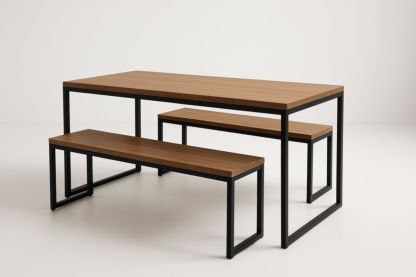 Set Tavolo Rettangolare e Panche in Legno di Quercia e Alluminio Nero-Levorinta