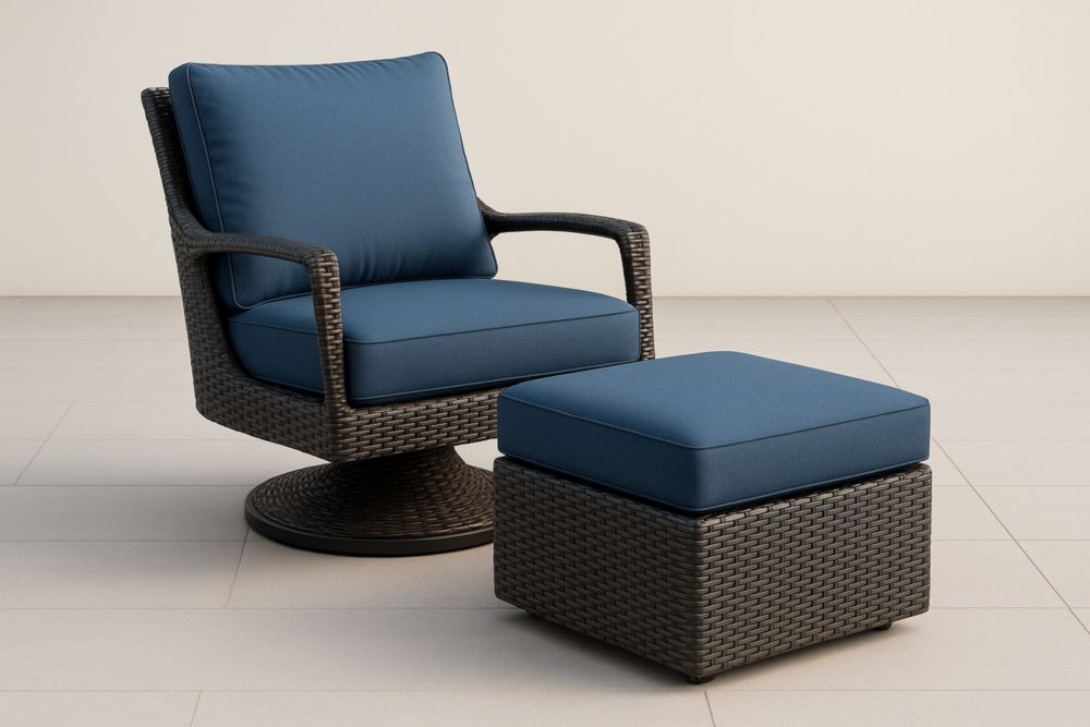 Poltrona Girevole con Poggiapiedi in Rattan Sintetico Blu, con cuscini-Levorinta