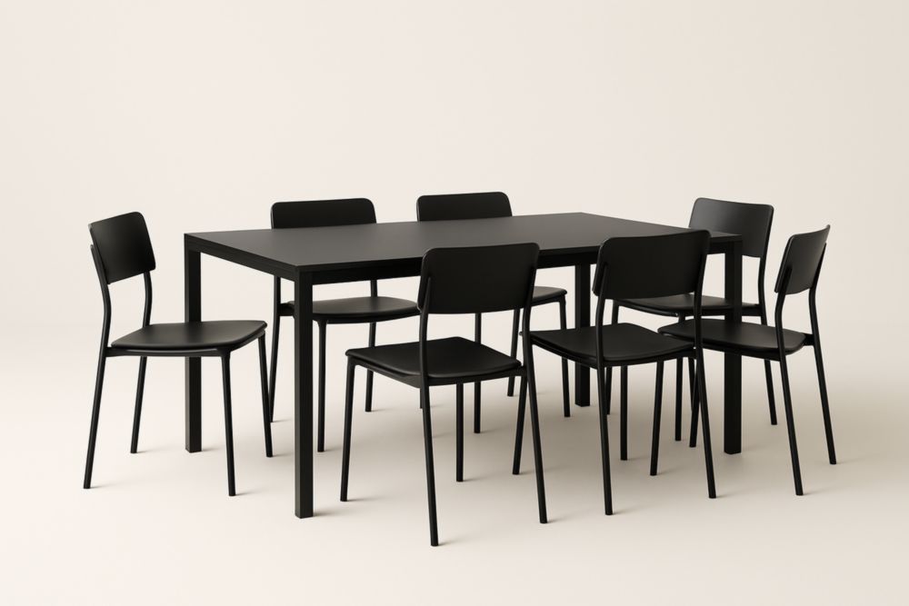 Set tavolo da pranzo rettangolare in MDF e alluminio nero 7 sedie-Levorinta