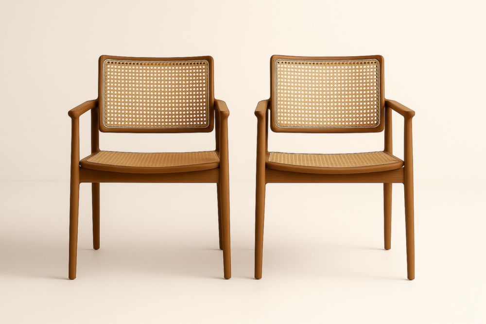 Set di 2 sedie in legno massello con seduta e schienale in rattan marrone-Levorinta