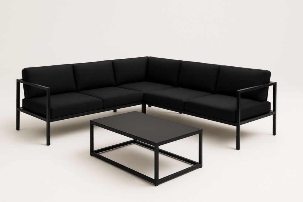 Divano Angolare da Esterno in Alluminio e Tessuto Nero con Tavolino e Cuscini-Levorinta