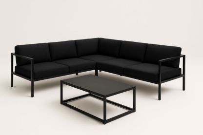 Divano Angolare da Esterno in Alluminio e Tessuto Nero con Tavolino e Cuscini-Levorinta