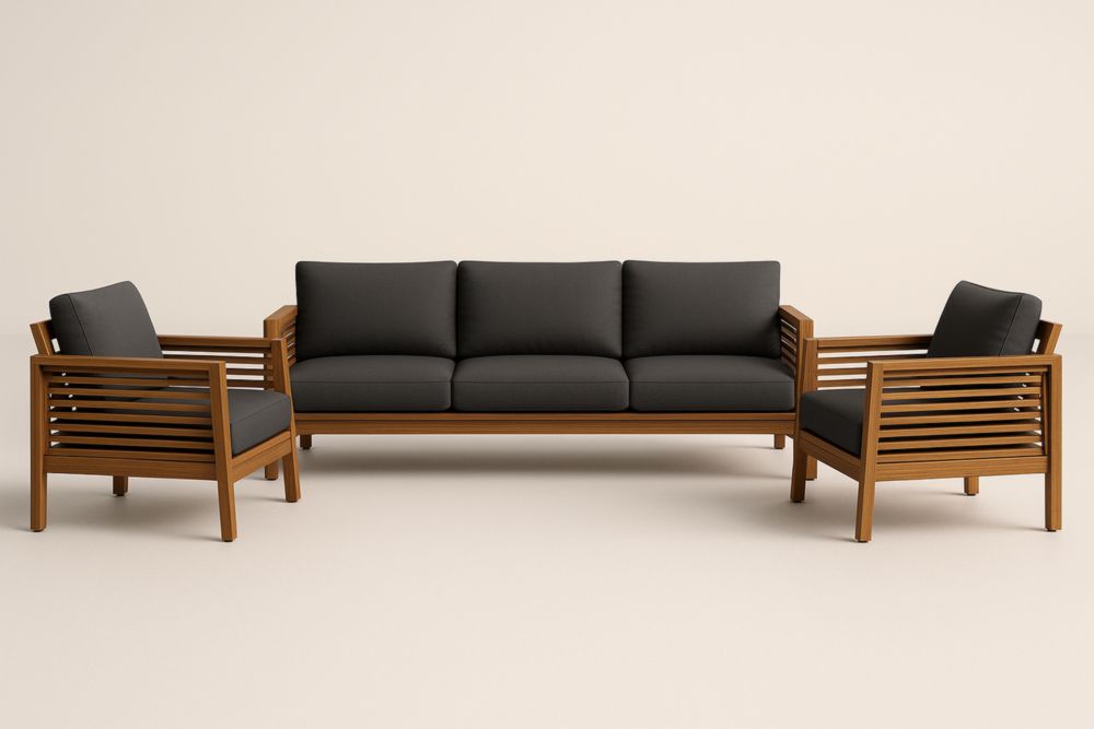 Set Divano e Poltrone in Legno di Teak con Cuscini Grigi-Levorinta