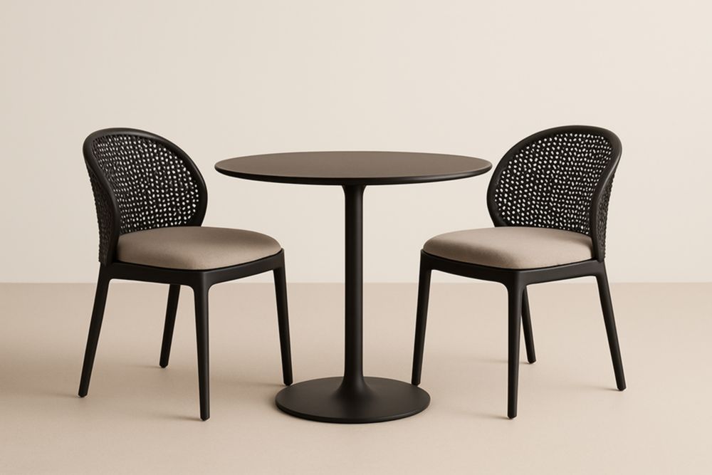 Set tavolo rotondo con 2 sedie in  Alluminio e rattan sintetico Nero/Beige con cuscini-Levorinta