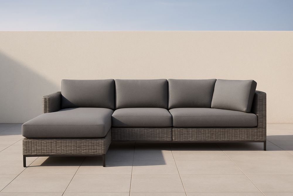 Divano a forma di L da esterno in rattan con cuscini grigi con cuscini-Levorinta