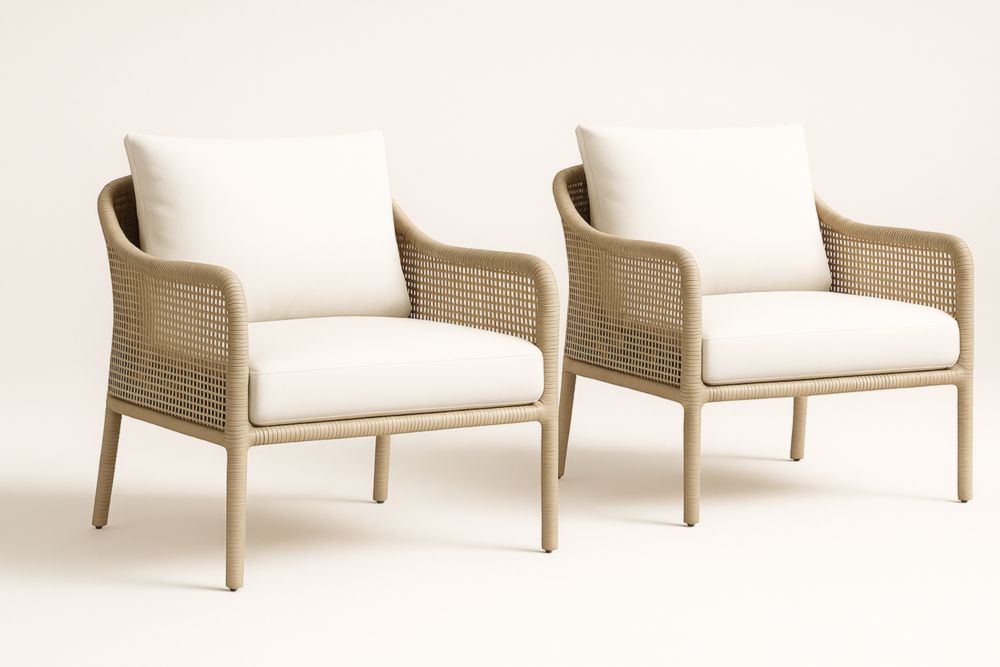 Set 2 Poltrone in Rattan con Cuscini Crema-Levorinta