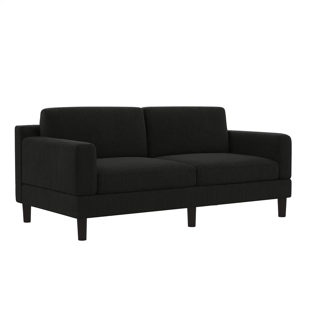 Canapé 2 places en tissu côtelé noir, cadre en bois massif-Mobistica