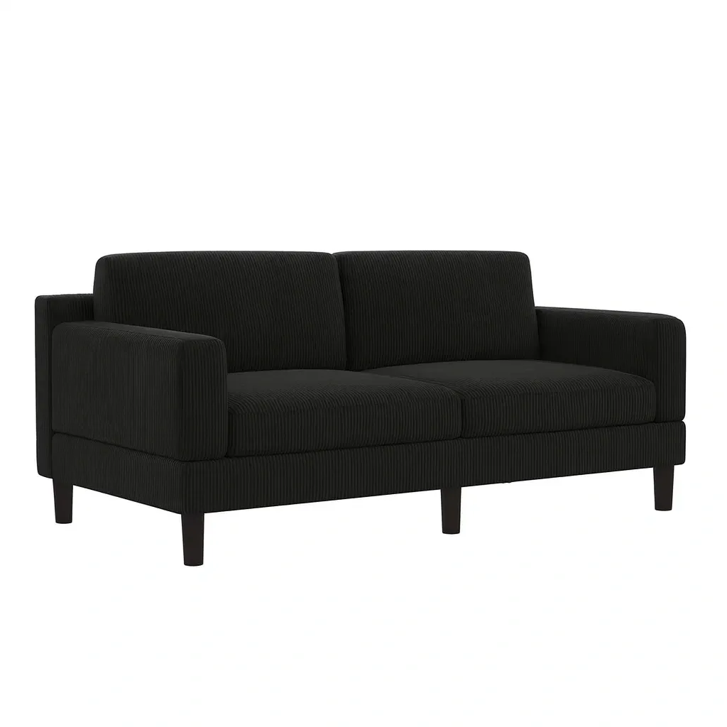 Canapé 2 places en tissu côtelé noir, cadre en bois massif-Mobistica