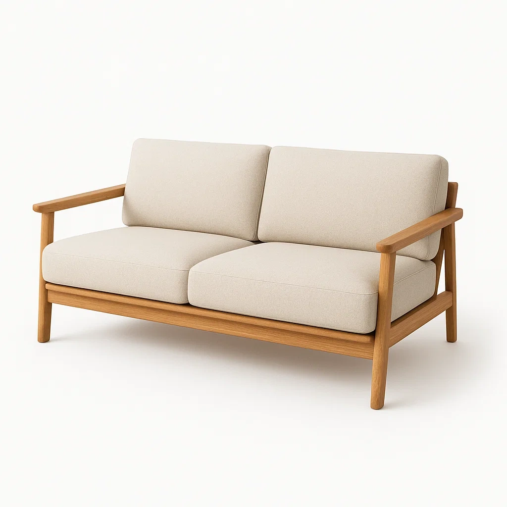 Canapé 2 places en bois avec coussins en tissu beige-Mobistica