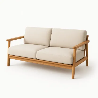 Canapé 2 places en bois avec coussins en tissu beige-Mobistica