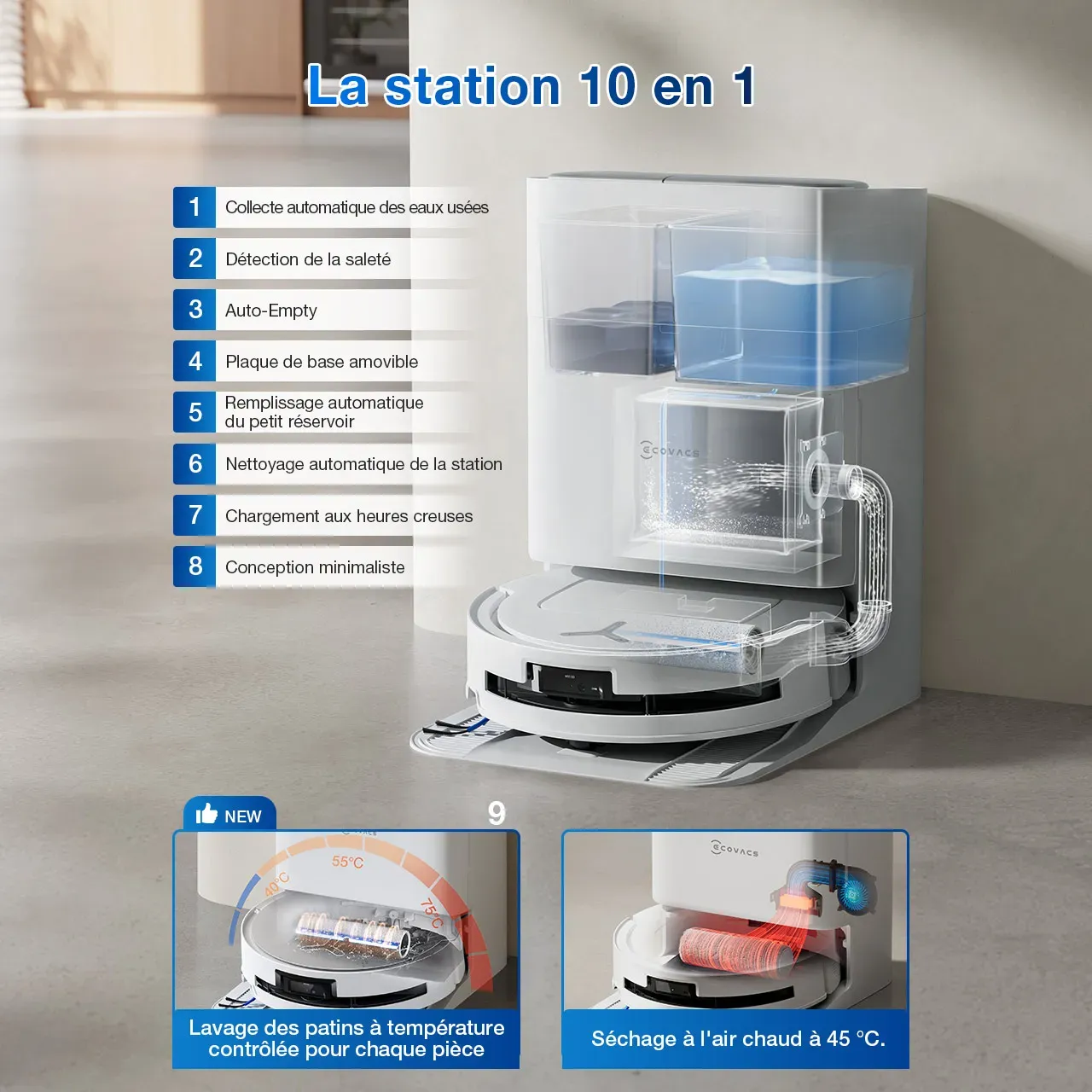 ECOVACS DEEBOT T80 OMNI Aspirateur Robot Laveur Blanc Poils d'Animaux (Puissant, IA, Tapis)