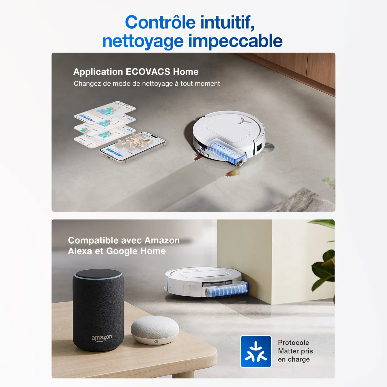 ECOVACS DEEBOT T80 OMNI Aspirateur Robot Laveur Blanc Poils d'Animaux (Puissant, IA, Tapis)